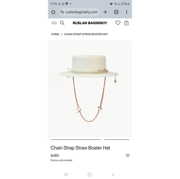 NWT Ruslan Baginskiy Chain Strap Straw Embroidered Logo Boater Hat size M - Picture 9 of 9